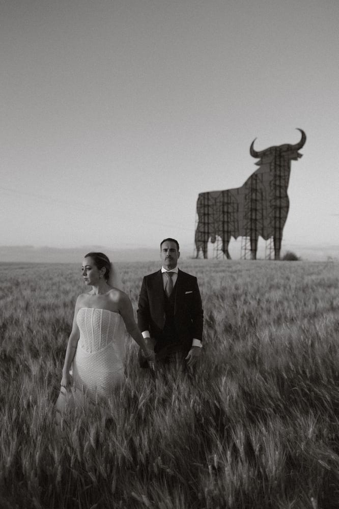 Los novios, de la mano en un campo de trigo, con el toro de Osborne al fondo, en blanco y negro · Cupido debe morir