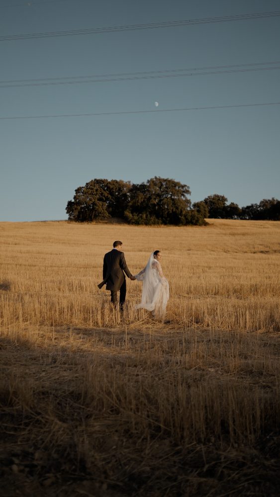 Rosa y Francisco de la mano por un rastrojo al atardecer, bajo unas encinas, en el campo de Niebla