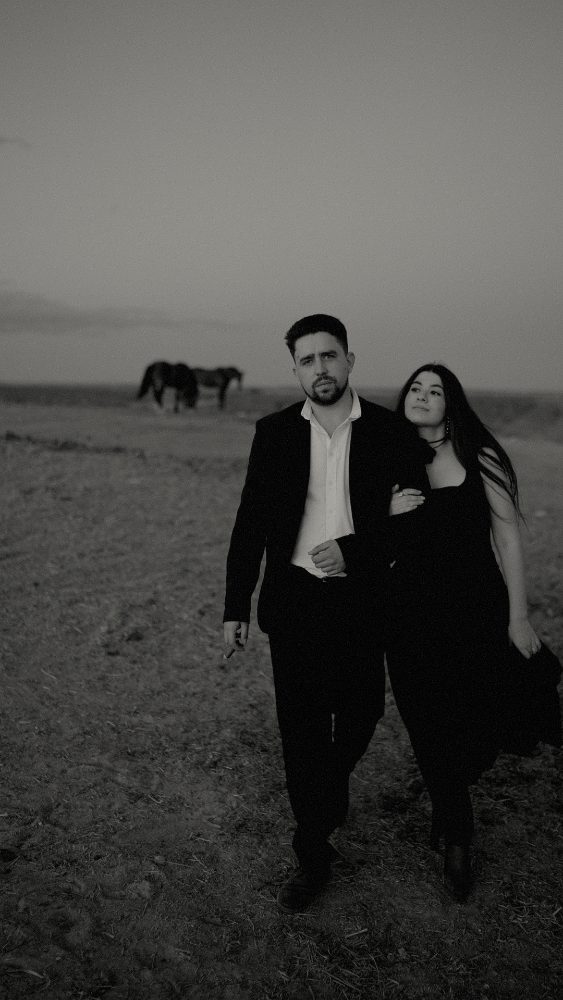 Black and white: the couple walking through a field with two horses behind · Gearmedia